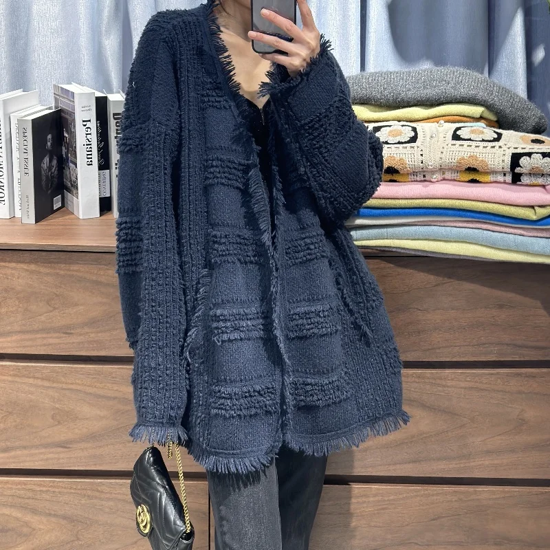 Autumn New 100% Merino Wool Cardigan Women\'s V-Neck Large Size Knitted Coat Fashion Loose Fringe Sweater Jacquard Jacket Solid