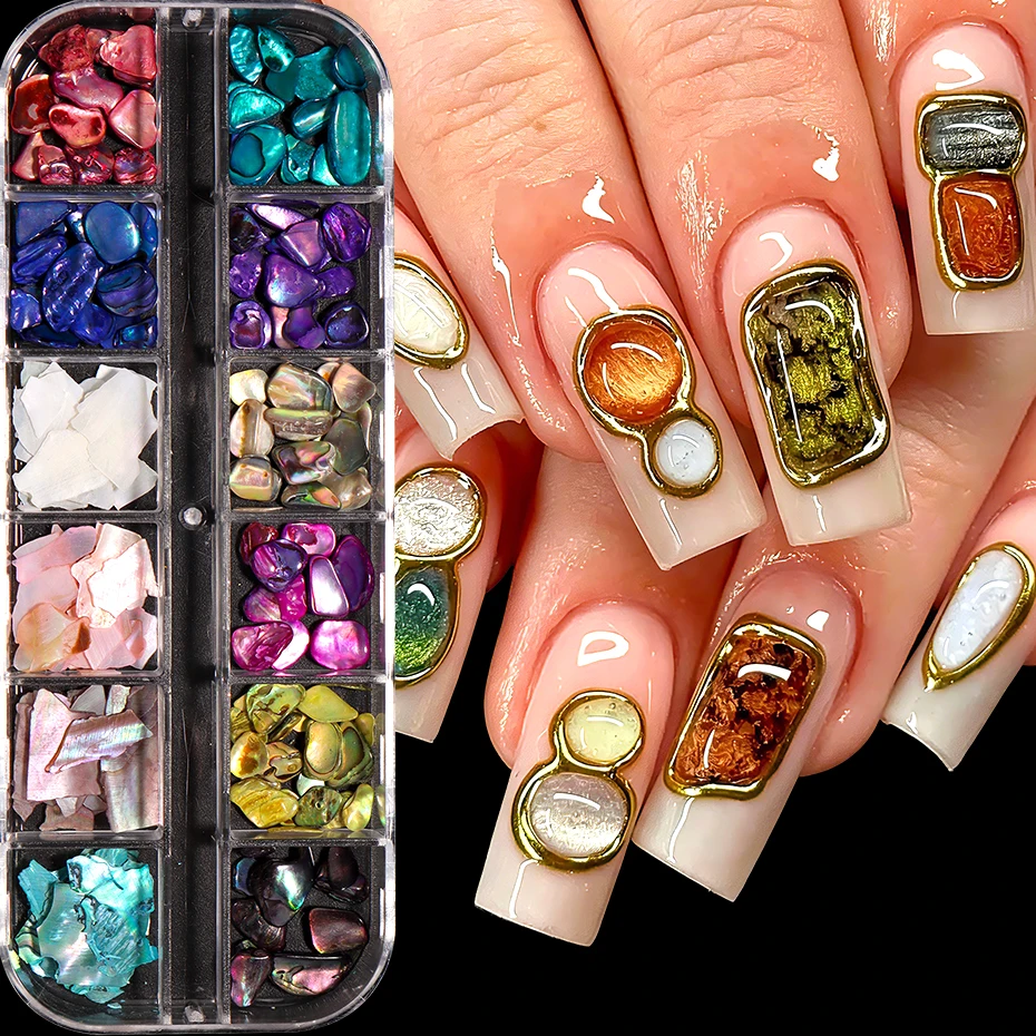 12er-Set Muschel-Nageldekorationen: Aurora-Muschelflocken, unregelmäßige 3D-Meerjungfrauen-Schillerstücke für Nagelkunst und Maniküre – Detail 6