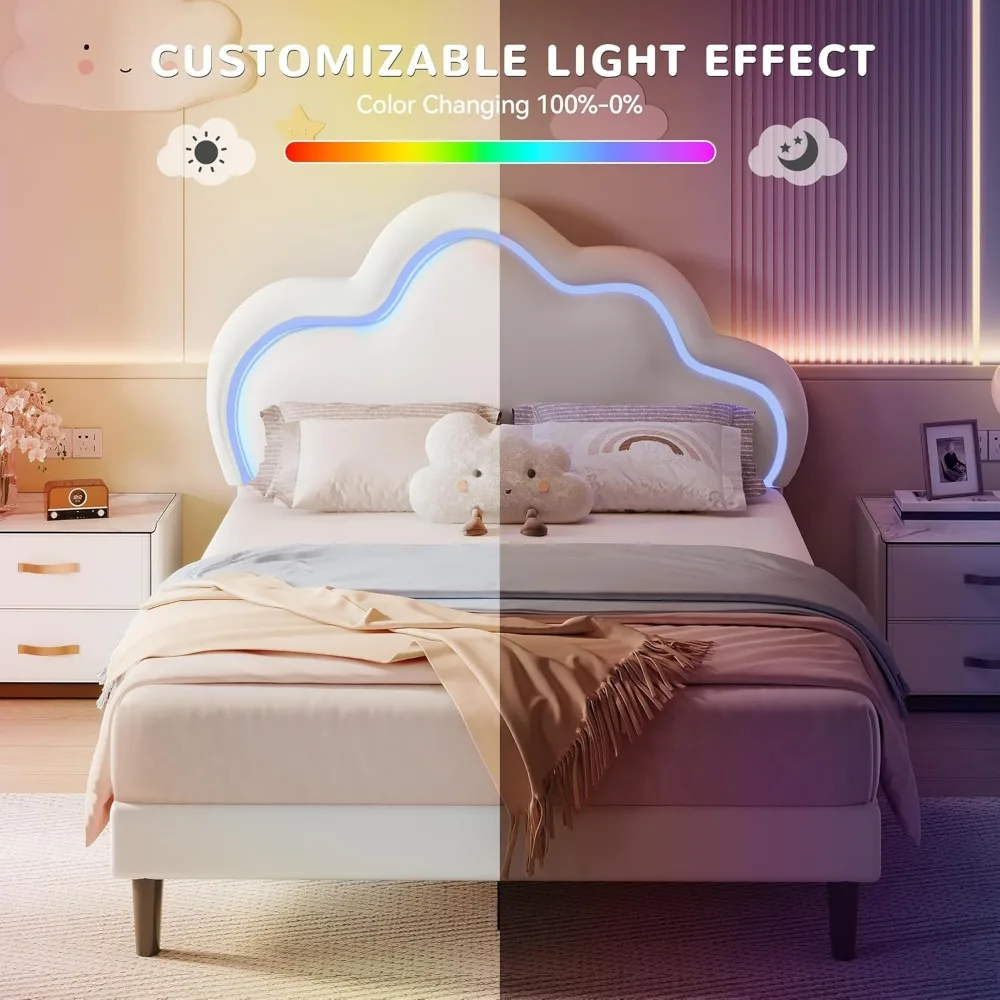 إطار سرير سحابي dwvo بحجم كوين، هيكل سرير منجد من جلد البولي يوريثان مع أضواء LED، سرير منصة مع لوح رأسي سحابي، بدون صندوق spr