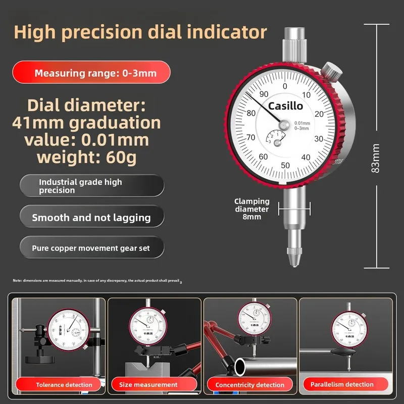 Lever Dial Indicator Precision Gauge 0-50mm Measuring with Tip Probe