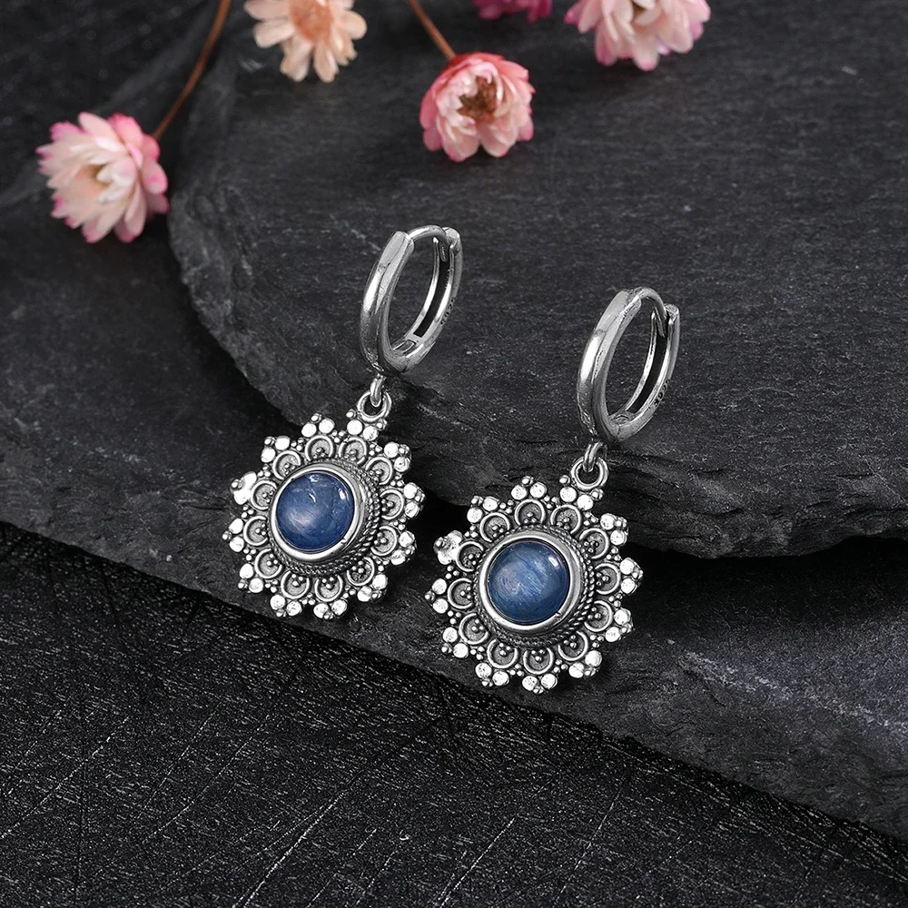 Pendientes de cianita Natural de copo de nieve de Plata de Ley 925 de 6mm para mujer, joyería Vintage de piedra redonda, regalos de fiesta y