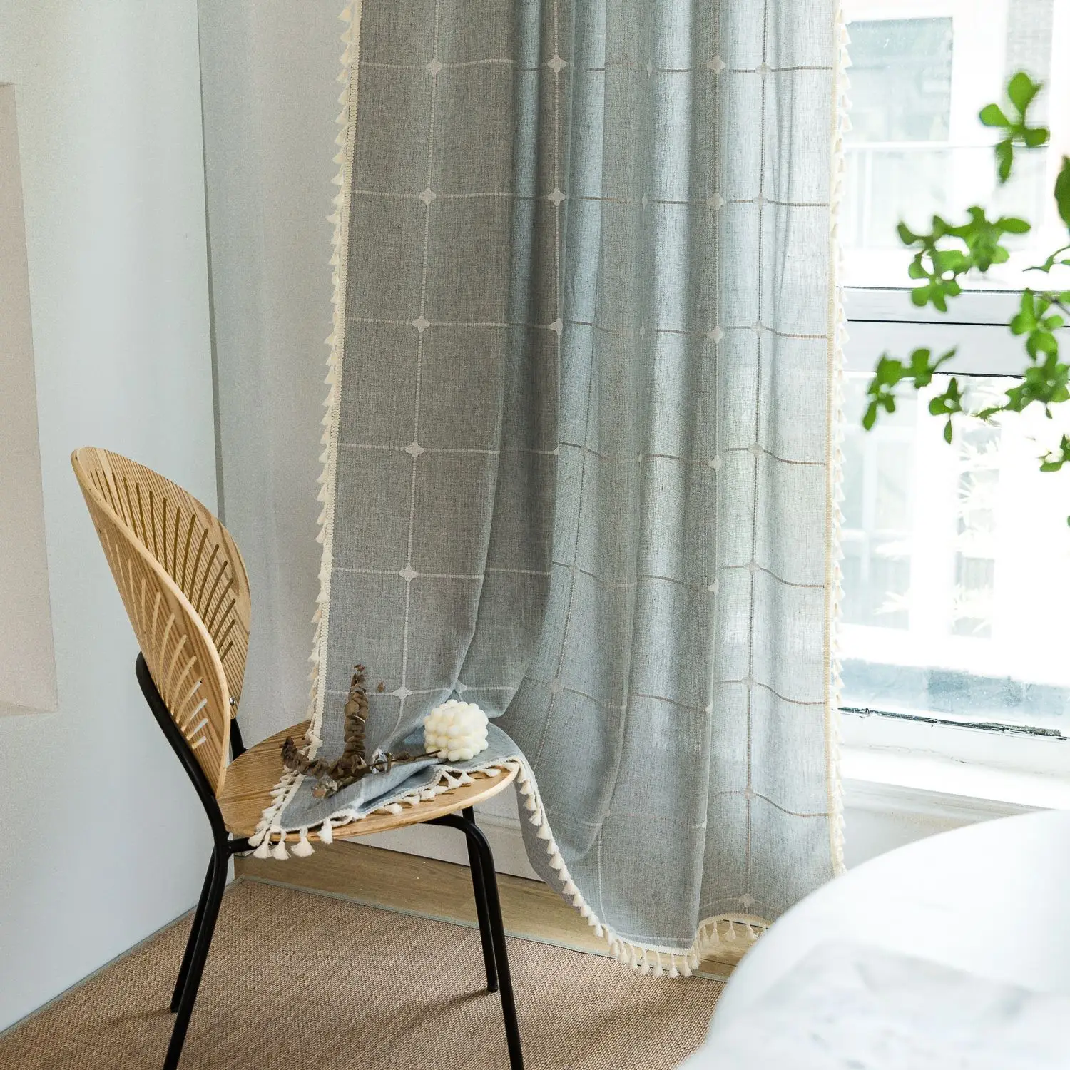 Embroidered Plaid Curtain for Living Room Bedroom Window Kitchen Bohemian Curtain with Tassel Cotton Linen Semi-blind Curtain