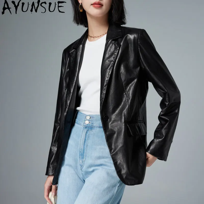 

AYUNSUE 2023 Real Goatskin Coat Women Soft Leather Blazer Female High Quality Genuine Leather Jacket Women Coats Jackets Fashion