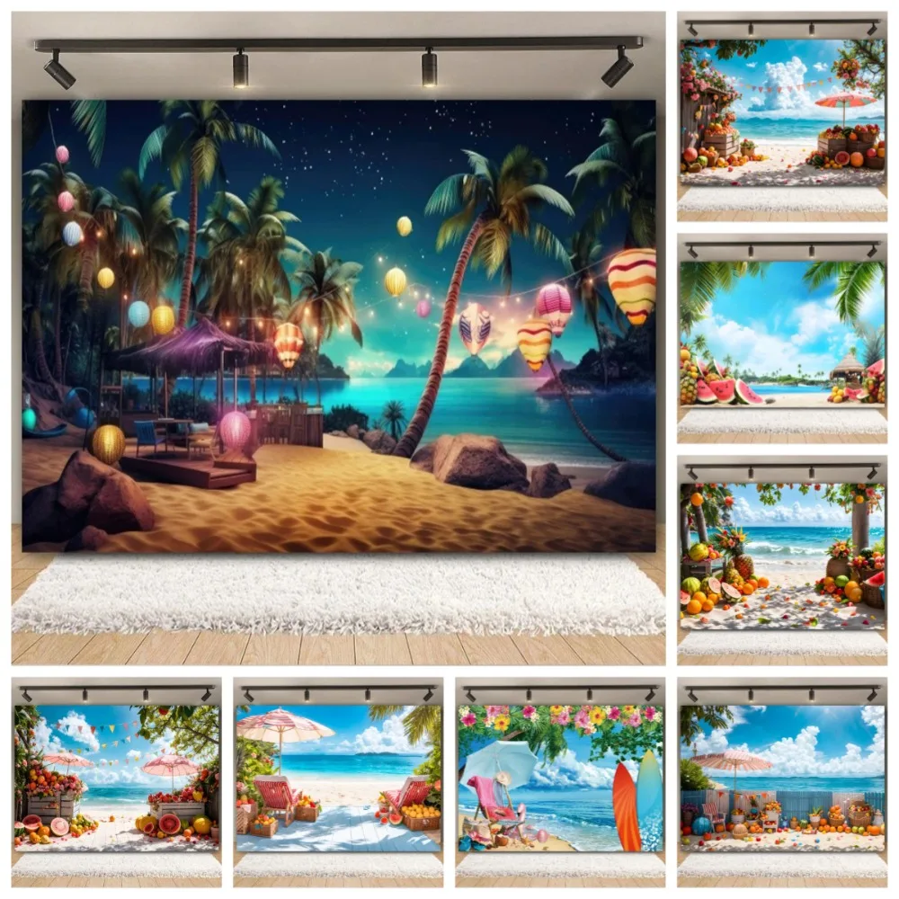 

Summer Seaside Beach Palm Tree Vacation Camping Party Background, Birthday Party, Home Decoration Photography Studio Background