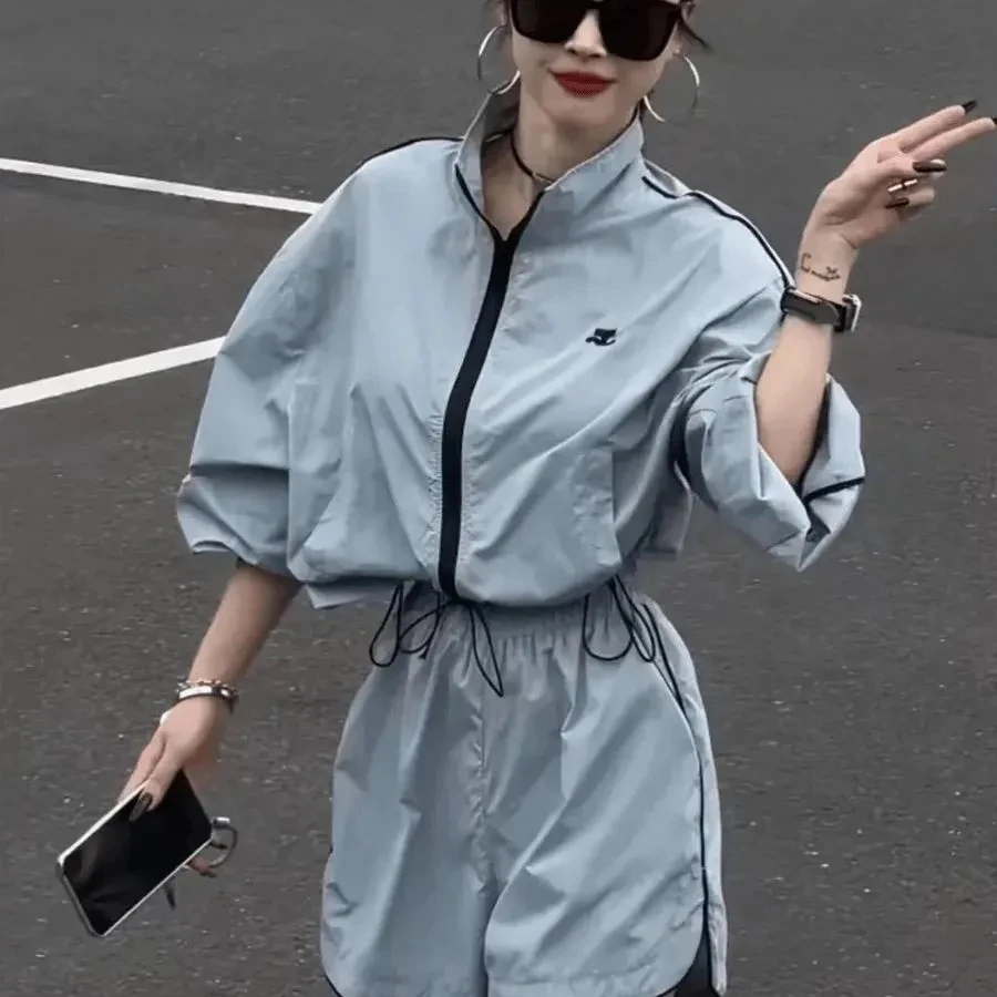 

Loose Casual Long Sleeved Sun Protection Sports Suit for Women in Summer 2025 Stand up Collar Cardigan Coat Shorts Two-piece Set