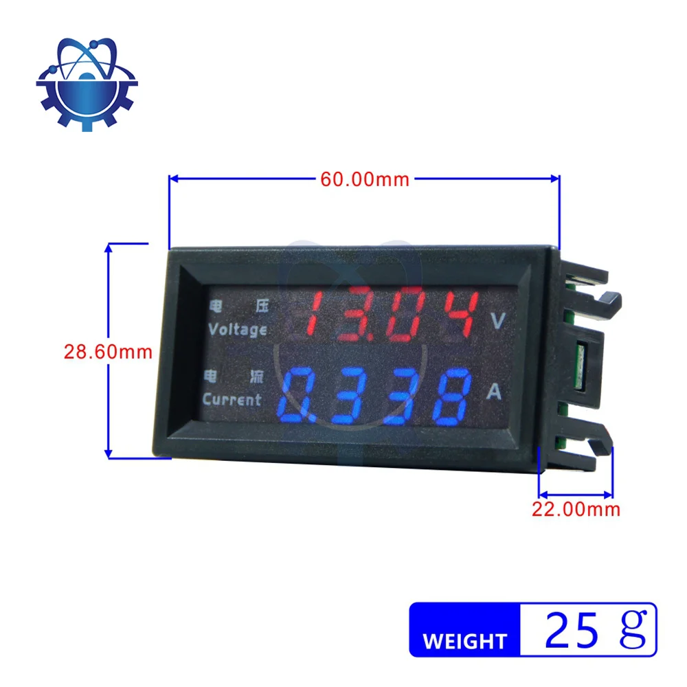0.28/0.56 Inch DC 0-100V 10A Mini Digitale Voltmeter Ampèremeter 4 Bit 5 Draden Stroommeter Tester Blauw Rood Dual LED-display