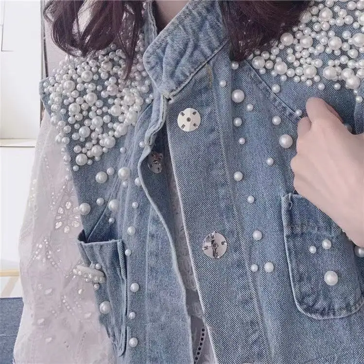 오버사이즈 데님 베스트 여성 2025 봄 여름 민소매 장식 숄더 비즈 보이프렌드 캐주얼 재킷