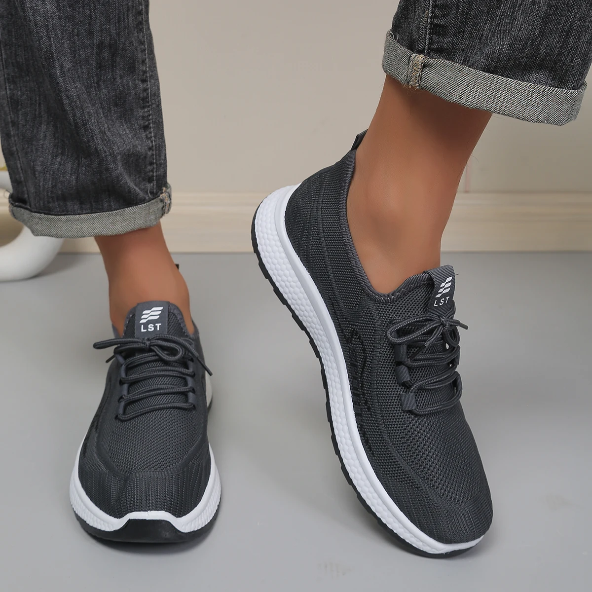Classic Lace-on Breathable Hollow Knit Walking Sneakers, Embossed Curve Graphic Side Print, Segmented Full Black Sole Wear