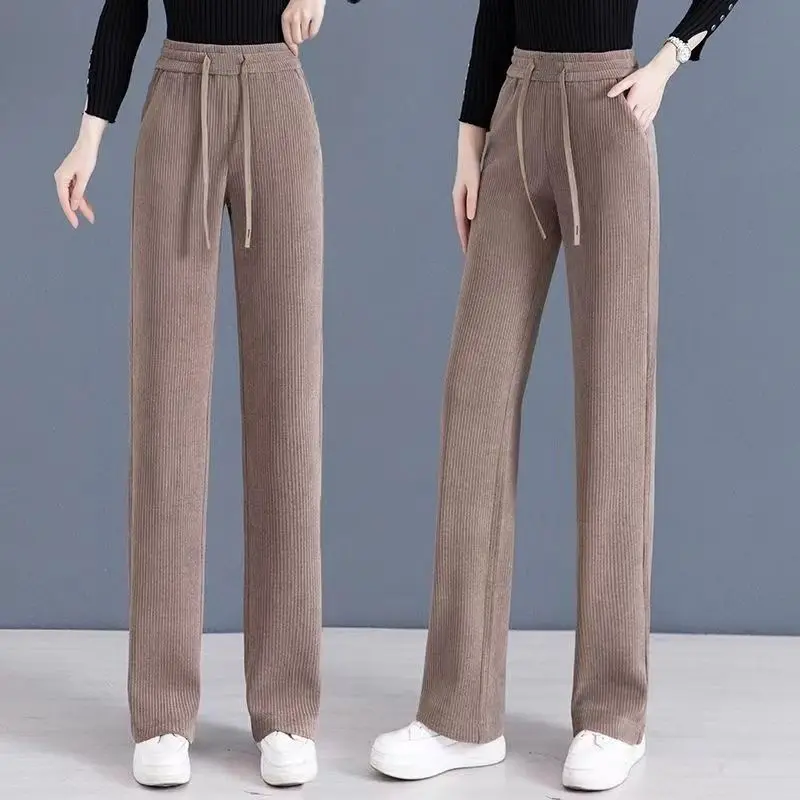 Women's High-end Improved Narrow Spring And Autumn New Edition Plush Western-style Wide Leg Sweat Khaki Pants For Women Straight