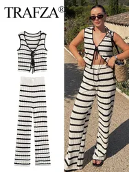 TRAFZA Summer Suits Woman Black And White Striped V-Neck Lace-Up Tops+Knitted High Waist Wide Leg Pants Female 2 Pieces Sets