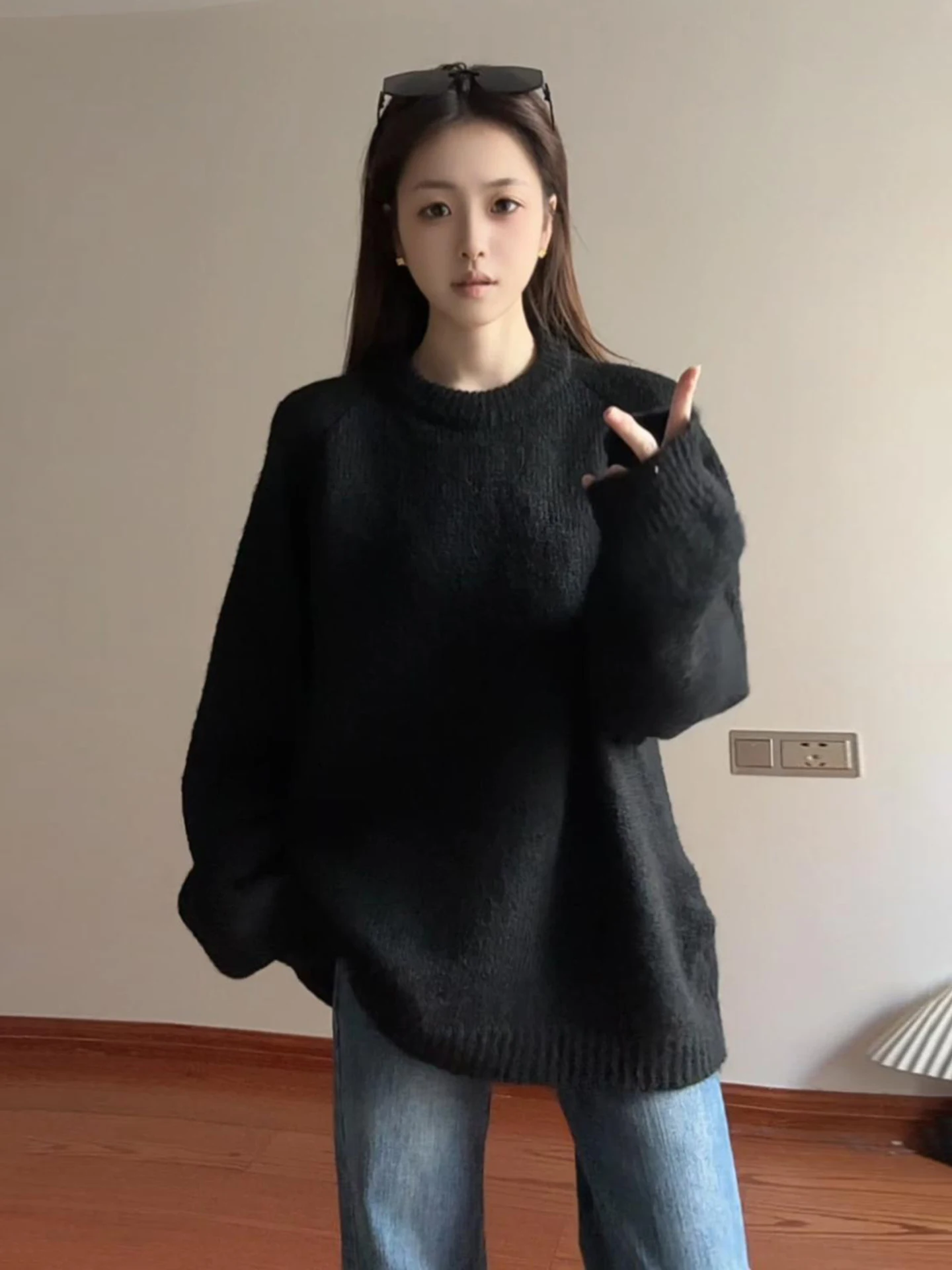 

Мужской черный шерстяной свитер в американском стиле с круглым вырезом, свободный вязаный свитер оверсайз, верхняя одежда для пар, зимняя мода