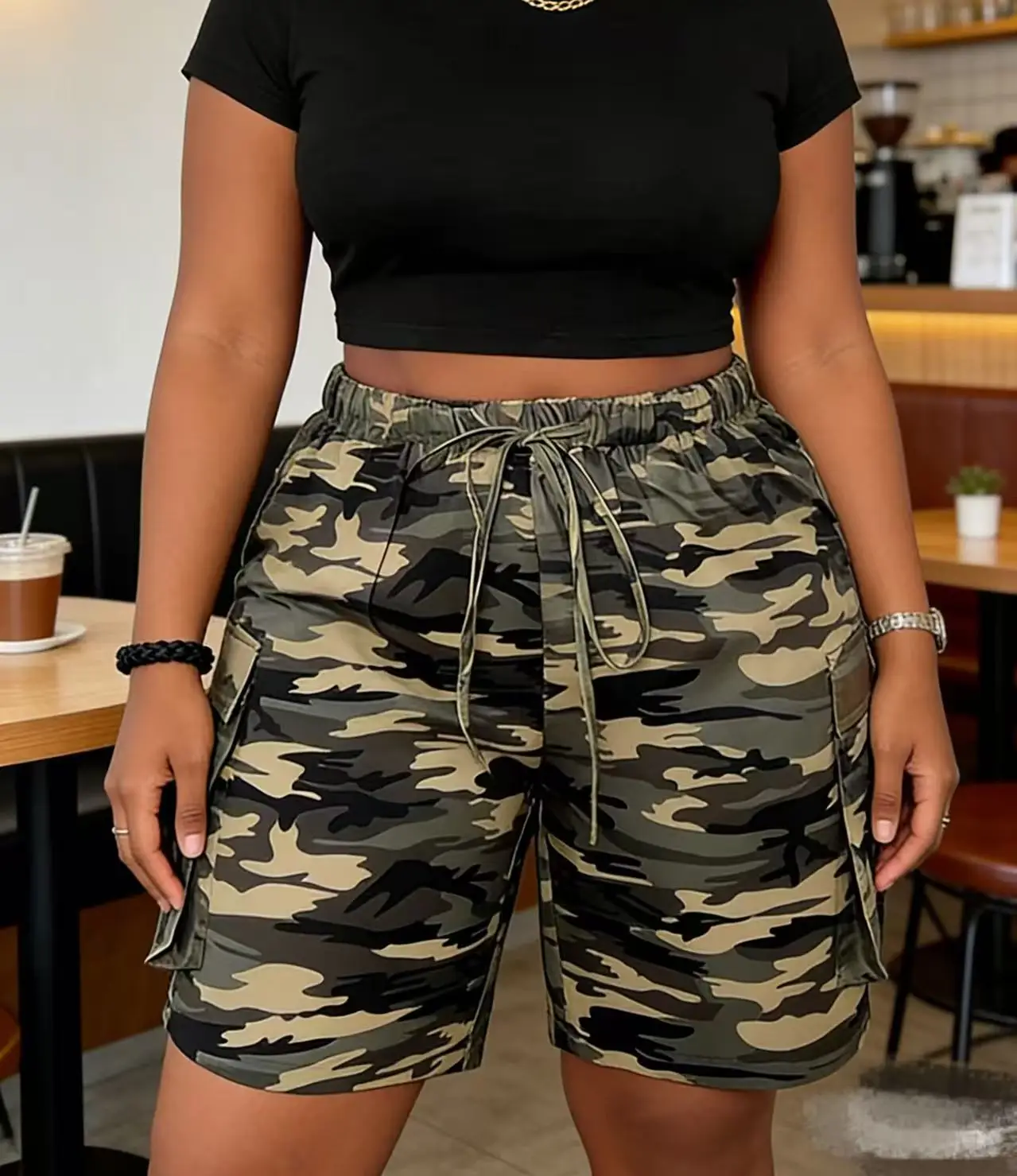 

Plus size women's camouflage print drawstring pocket casual shorts