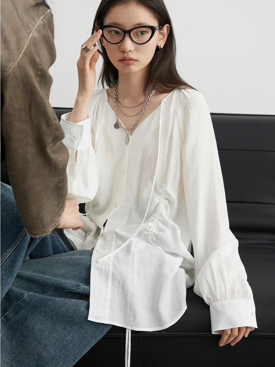 CHIC VEN Women Loose Lace Up Shirt Solid New Korean V-neck Pleated Raglan Long Sleeved Blouses Female Tops Summer 2024