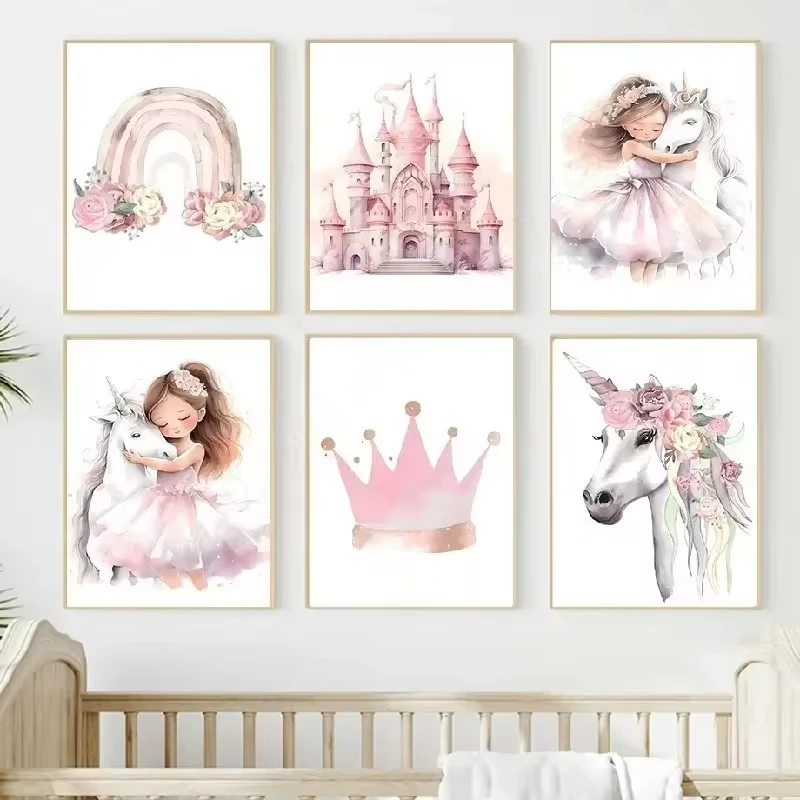 Pink Princess Rainbow Unicorn Castle Crown Custom Name Wall Art Canvas Painting Poster ＆ Print Pictures For Girl Kids Room Deco
