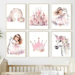Pink Princess Rainbow Unicorn Castle Crown Custom Name Wall Art Canvas Painting Poster & Print Pictures For Girl Kids Room Deco