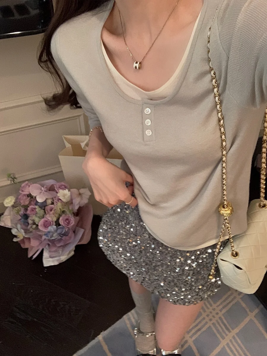 

MUKOK Wool Blend Long Sleeve Knitwear Women's Base Layer Top Quality Slimming Versatile Spring Fashion Fake Two-Piece Design