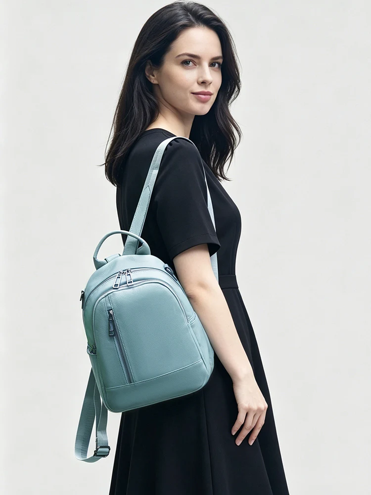Zency Women's 100% Cowhide Leather Sky Blue Backpack Large Capacity Preppy Style Small Satchels for Commuter Soft Leather Bag