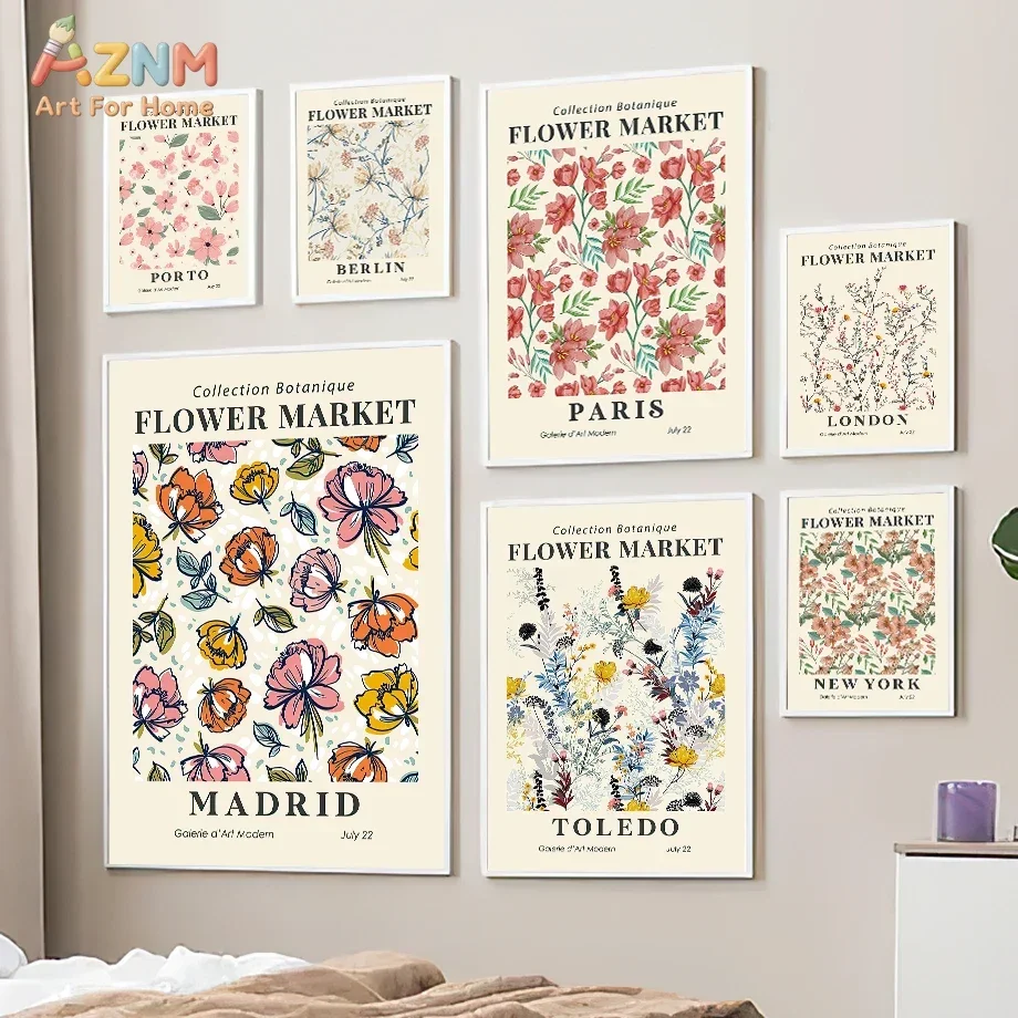 AZNM Flower Market City Botanical Canvas Wall Art, Vintage Paris London Floral Typography Aesthetic Bedroom Home Wall Decor Unfr