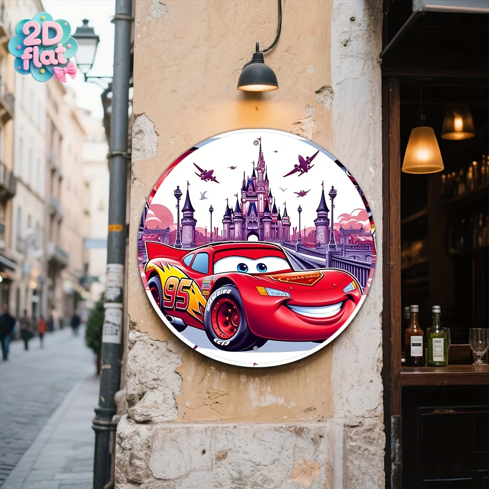 مسطح ثنائي الأبعاد، قطعة واحدة من DISNEY، لافتة دائرية ثنائية الأبعاد، لوحة ألومنيوم دائرية بطابع السيارة، 8 × 8 بوصة، مناسبة لغرفة المعيشة وغرفة النوم والمقهى والشاي