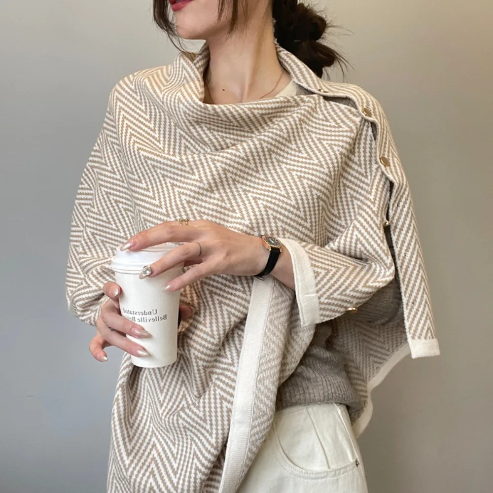 جديد مع زر الباشمينا شال سميك غير منتظم محبوك سميكة الدافئة المعطف الدافئة عارضة الكتف أعلى الخريف الشتاء