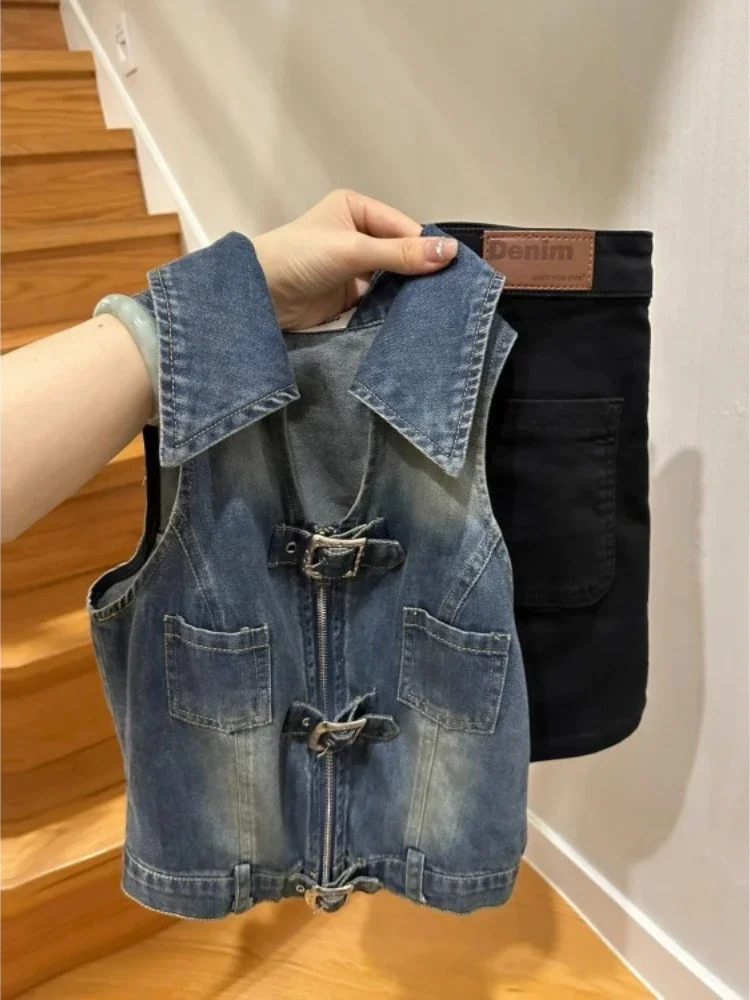 

Уличный винтажный приталенный синий джинсовый жилет, пальто Y2k, топ на молнии с лацканами, новинка лета 2025, топ без рукавов для женщин