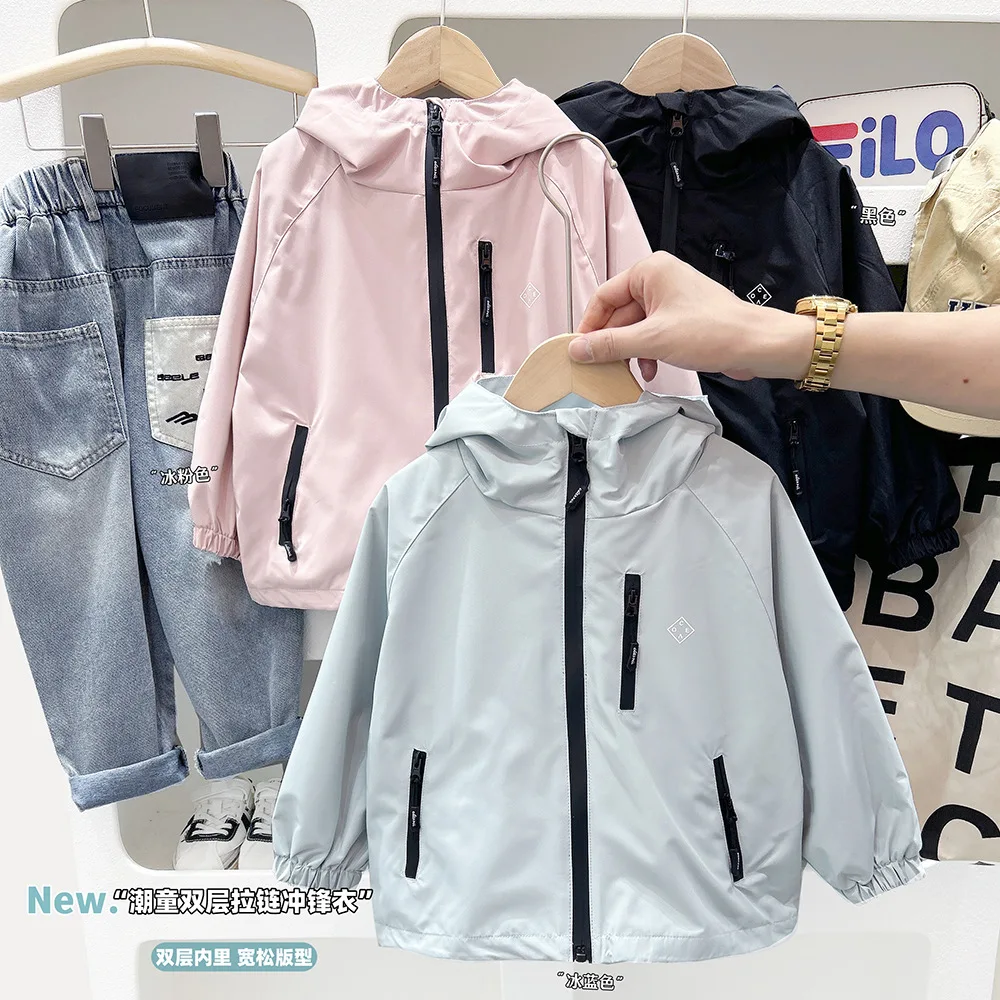 

New children's outdoor windbreaker 2025 outdoor top for mountain climbing and outings, loose hooded jacket for boys and girls