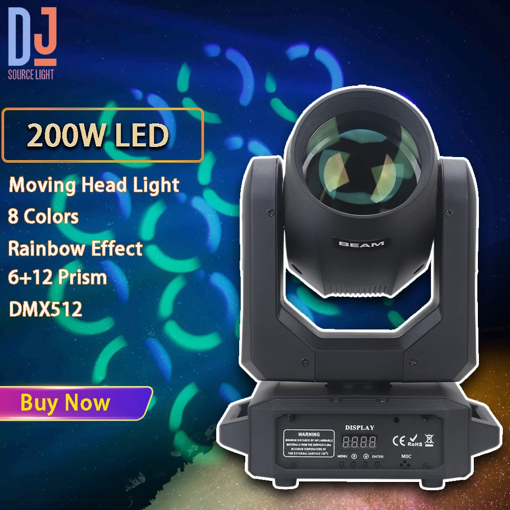 luz principal movente do feixe 18 prisma efeito do arco iris dmx512 dj partido do disco clube mostra fase do casamento luzes de efeitos 200w 01