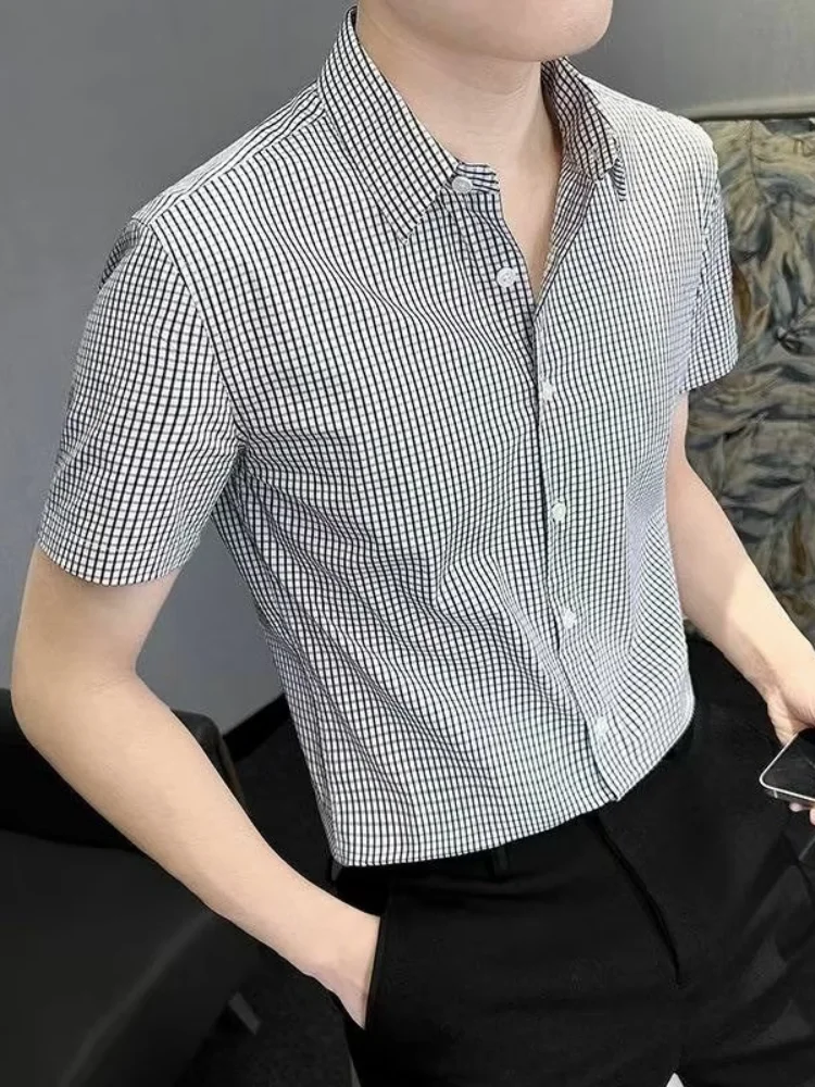 

Slim Fit Men's irt ort Sve Thin Elastic Korean Sle Summer Striped Top High End Feel Square Collar Casual Denim irt