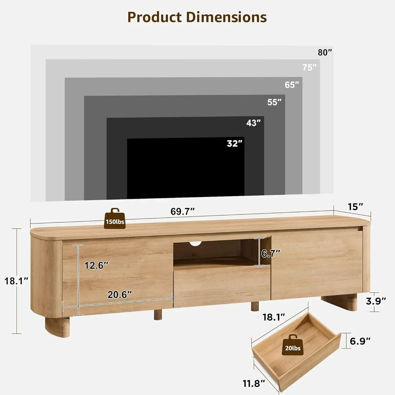 Low Profile 70 Inch TV Stand Natural Oak Concealed Storage Cabinet Rounded Edges Drawer