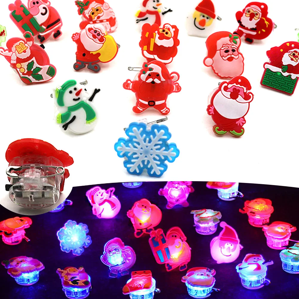 10pcs Christmas Theme LED Light Elk Glowing Cartoon Cute Ring Brooch Snowman Santa Claus Kids Toy New Year Party Decoration