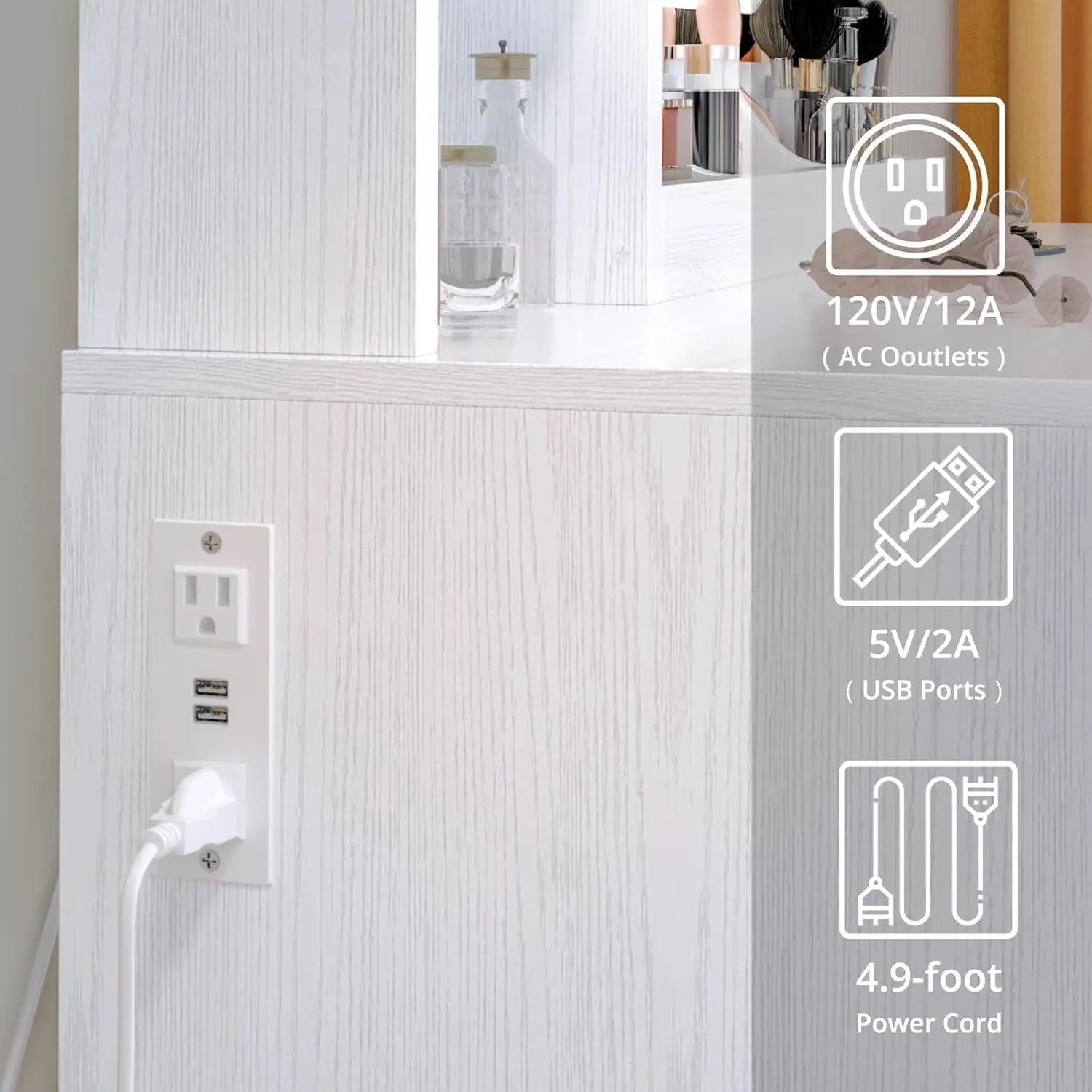 Meja Rias dengan Cermin LED, Laci, Kabinet & Bangku - Meja Rias Putih dengan Stopkontak Pengisian Daya