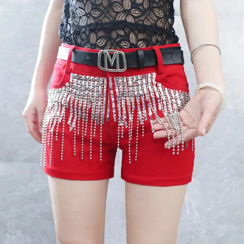 Black Sequins tassels Denim Shorts Women\'s Streetwear 2024 Summer New Korean Slim Chain Trend Hot Pants White Casual Short Jeans