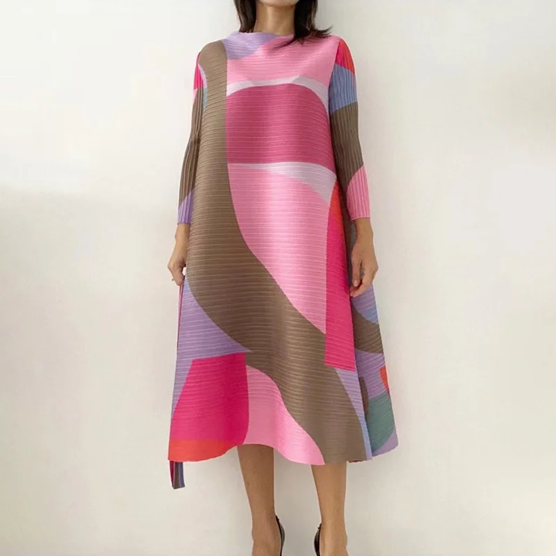 2024 Pleated Dress Women Hit Color Geometric With Belt Sashes Over Size Long Sweet Casual New Spring Fashion Tide Spot