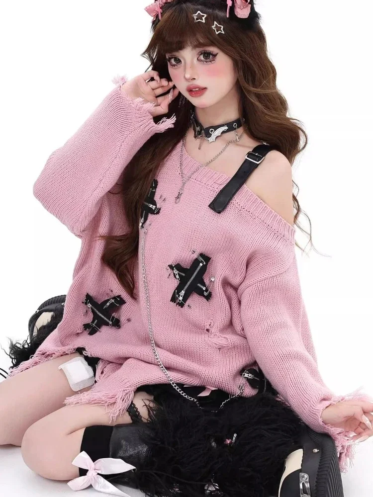 QWEEK Gothic Goth Harajuku Grunge Sweater Y2k Coquette Oversize Punk Streetwear Design Pullovers 2024 Autumn Fashion Winter