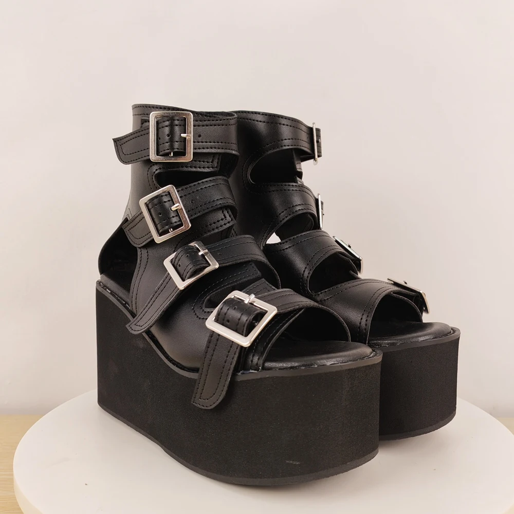 

Черные сандалии на платформе из мягкой кожи с пряжкой и открытым носком, персонализированные ботильоны с молнией сзади, женская обувь большого размера на заказ