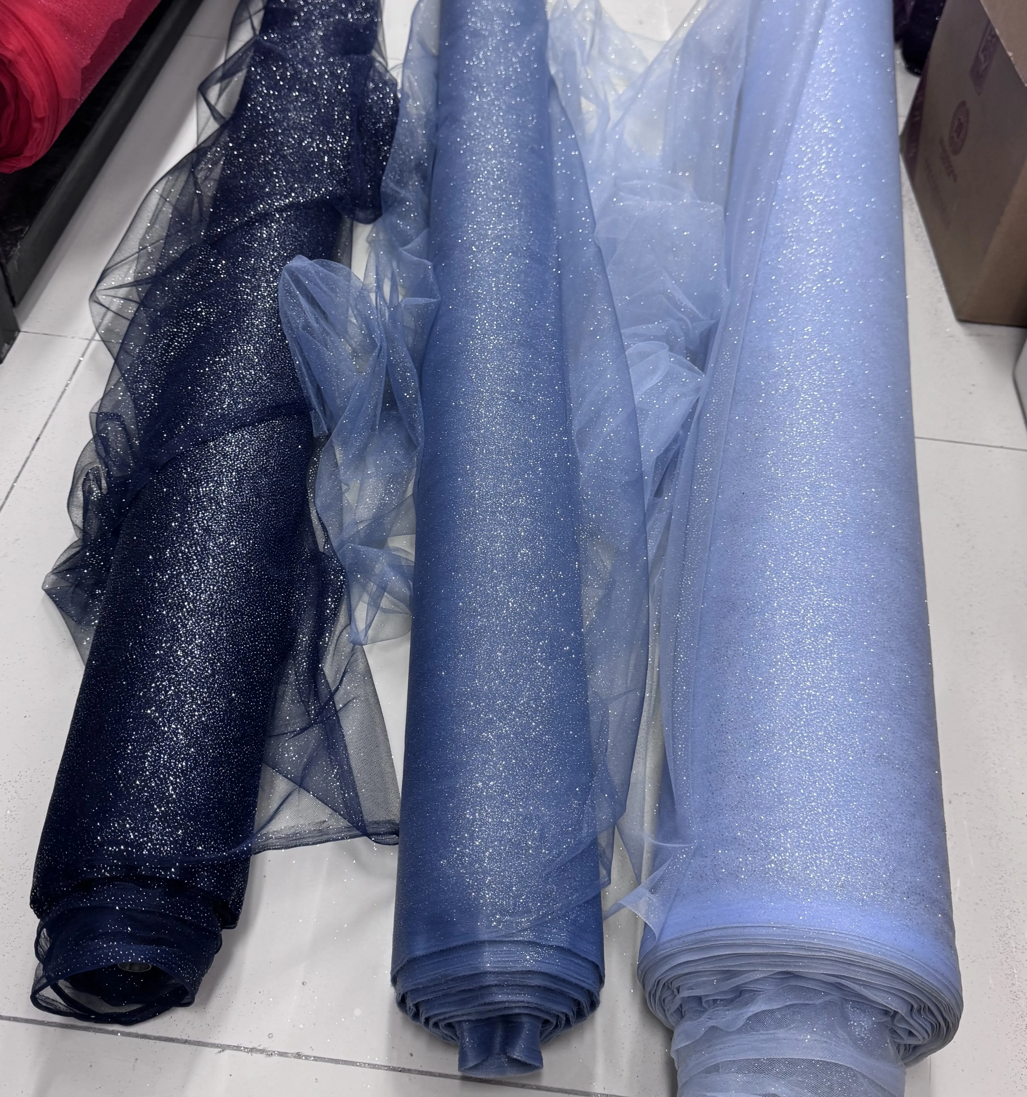 Blue Fine Glitter Medium Hard Glittering Powder Silver Spray Shape Pettiskirt Gauzy Gown Draping Fabric for Wedding Dress Fabric