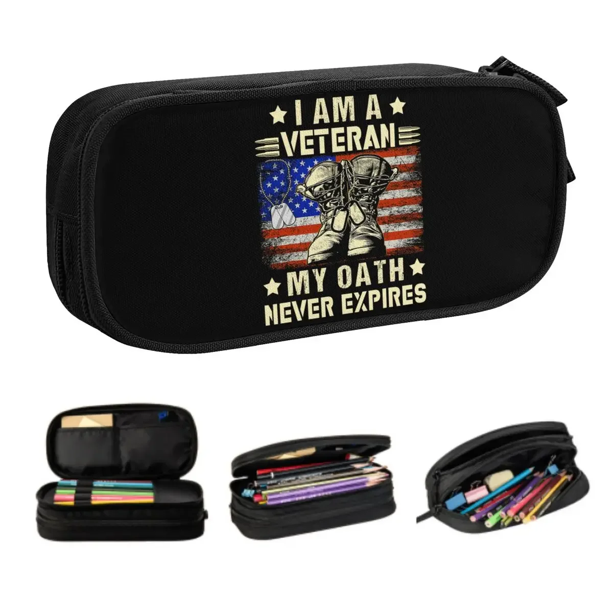 Custom I Am A Veteran My Oath Never Expires Veteran Day Pencil Cases for Large Storage Veteran Day Patriotic Pen Box Stationery