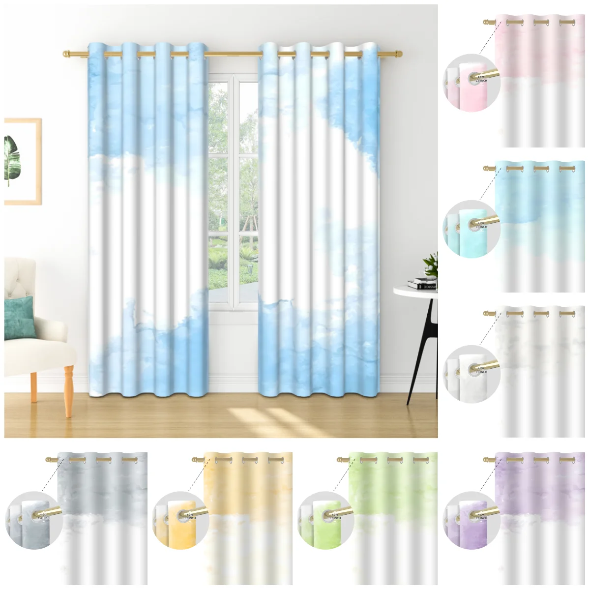 2pcs/set Watercolor Sky Curtains Ombre Cloud Pattern Window Polyester Drapes for Modern Home Living Room Decor Blackout Curtains