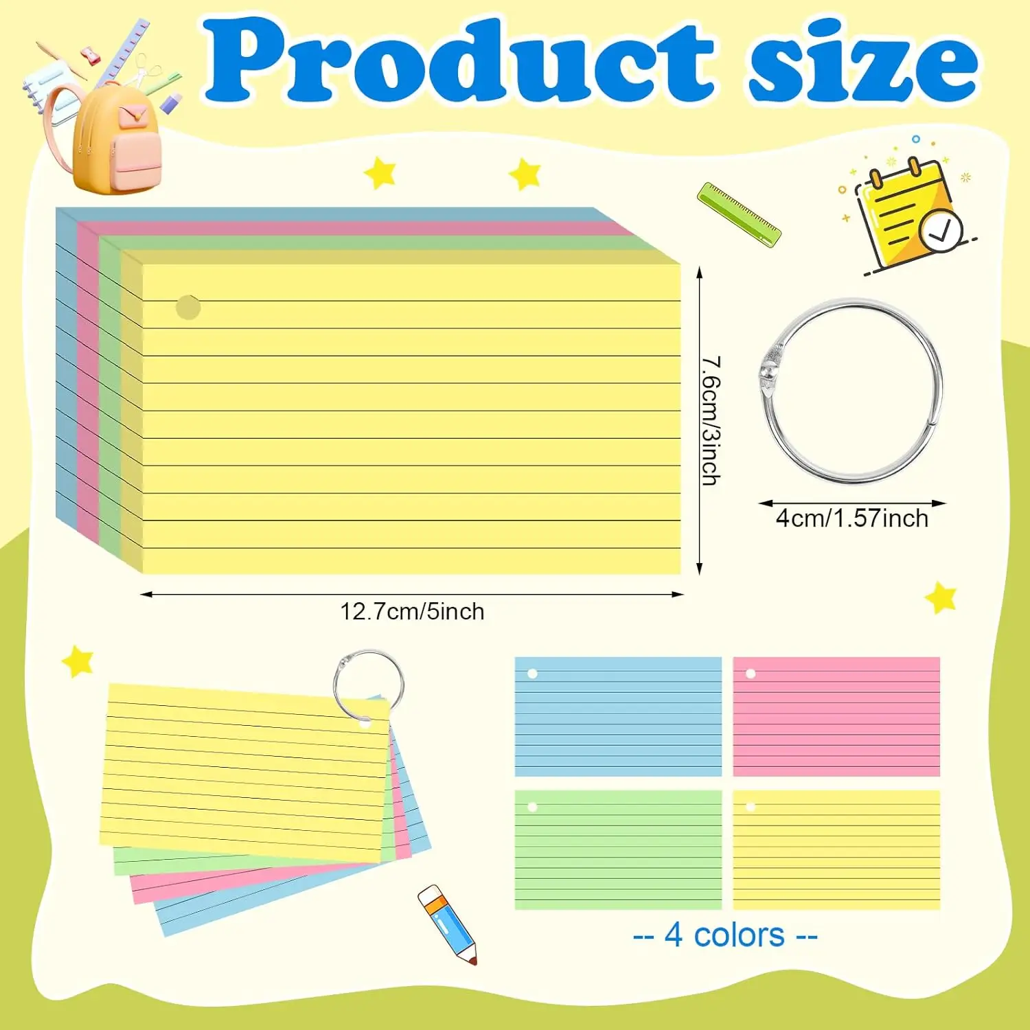 4 Pack Colored Index Cards 3x5 Inches Flash Cards with Ring Lined Flashcards Note Cards for Studying School Supplies College