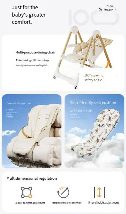 Cadeira de bebê sentada e deitada que pode ser dobrada em uma cadeira de balanço dois em um para jantar