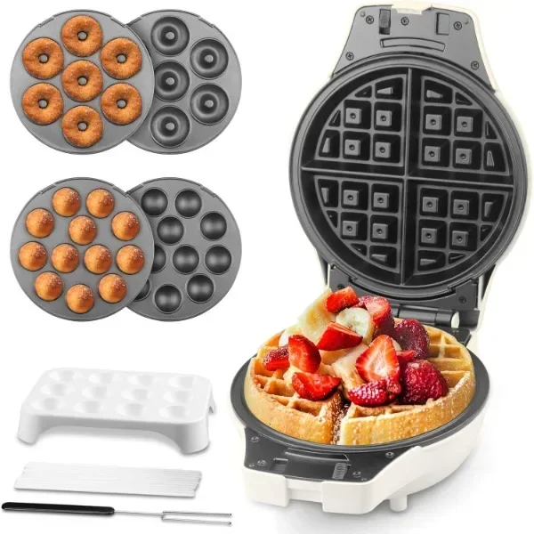 Pembuat Waffle Belgia 3 dalam 1 tebal dengan piring yang dapat dilepas, piring besi wafel Belgia anti lengket 8 ", pembuat donat Mini