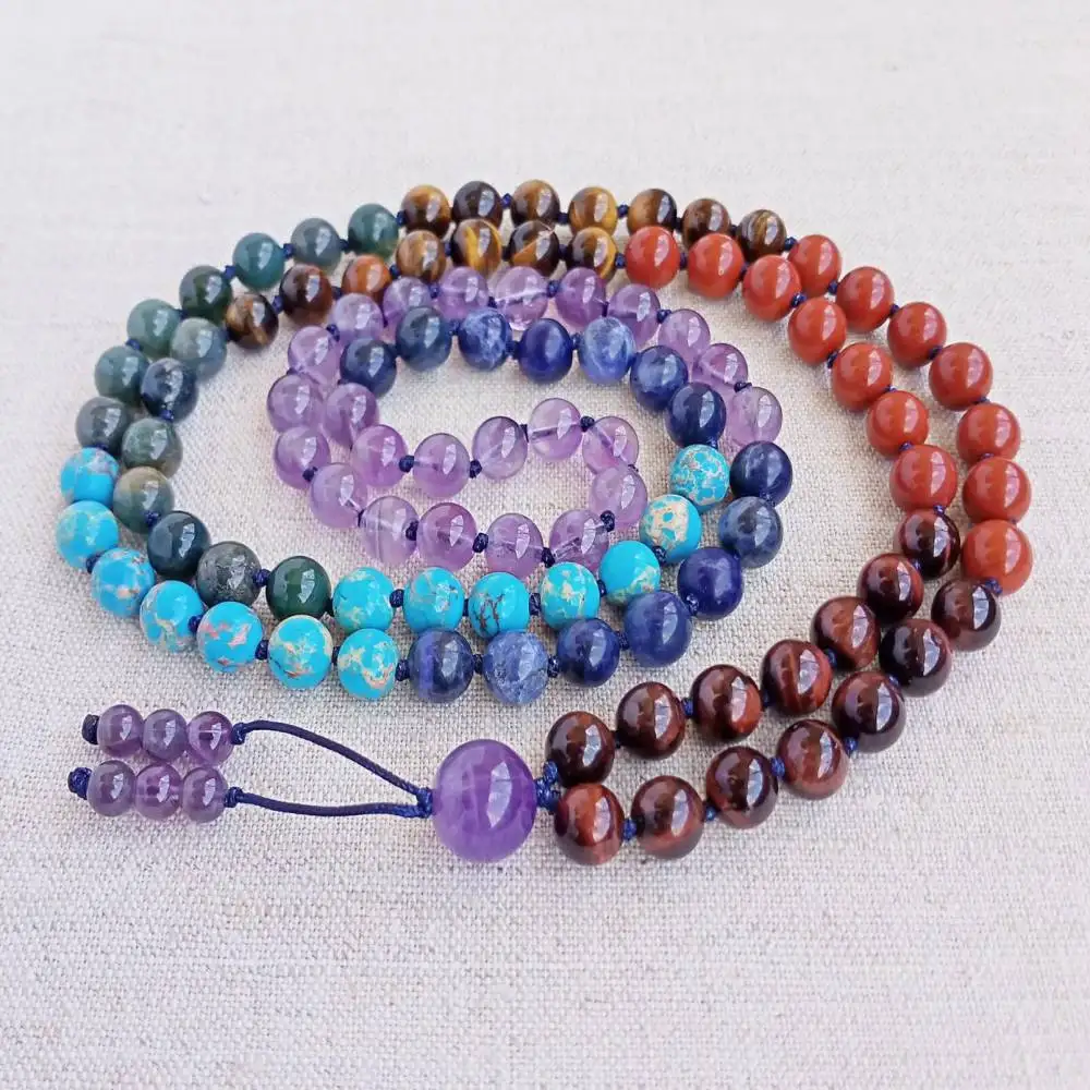 

Natural 7 Chakra Multi-Gemstone 108 Mala Beads Wrap Bracelet/Necklace Balancing & Healing Energy Jewelry