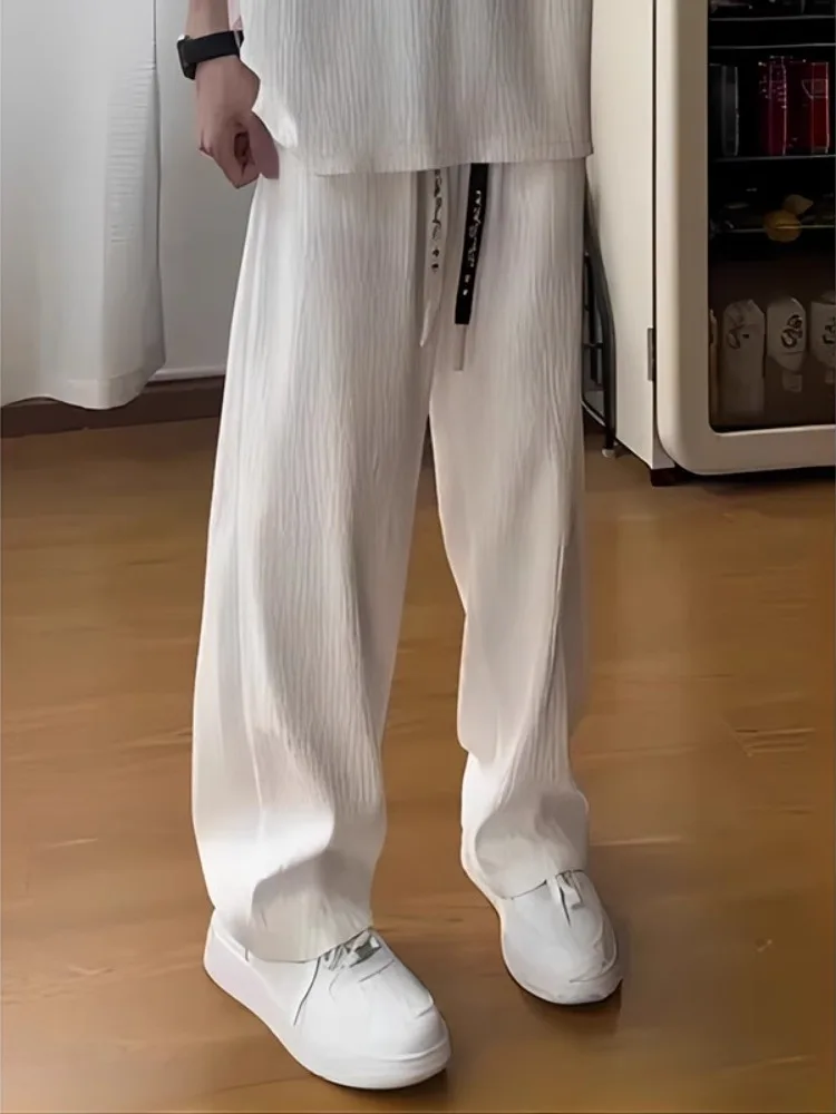 

American Hiphop Men's White Pants Summer Ice Silk Texture Wide Leg Drapey Straight Casual Trousers Faionable Loose Fit