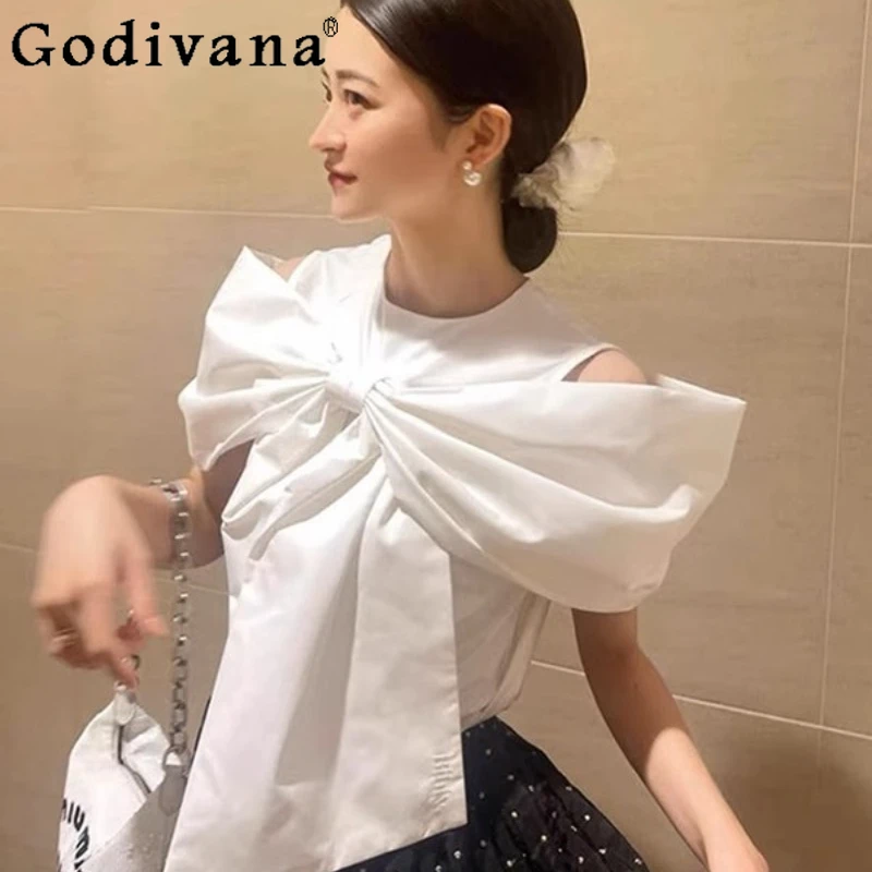 

Japanese Style Sweet Elegant Large Bow Sleeveless Shirt Summer New 2025 Women's Sweet Comfortable Black and White Blouses Tops