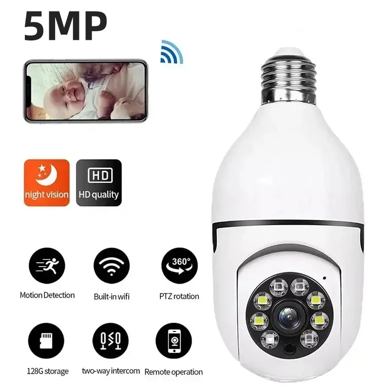 lampada wifi camera cor visao noturna ai rastreamento humano protecao de seguranca interna camera de vigilancia monitor do bebe 5mp e27 01