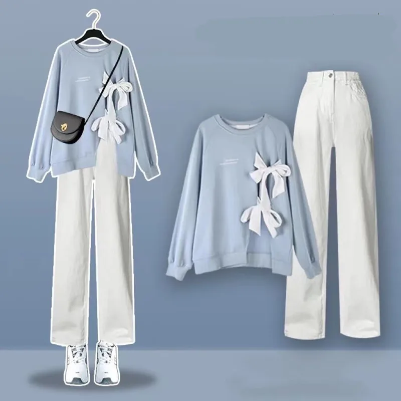 Bow Tie Long Sleeved T-shirt Casual Wide Leg Pants Two-piece Elegant Women's Pants Set Summer Outfits Tracksuit Clothing