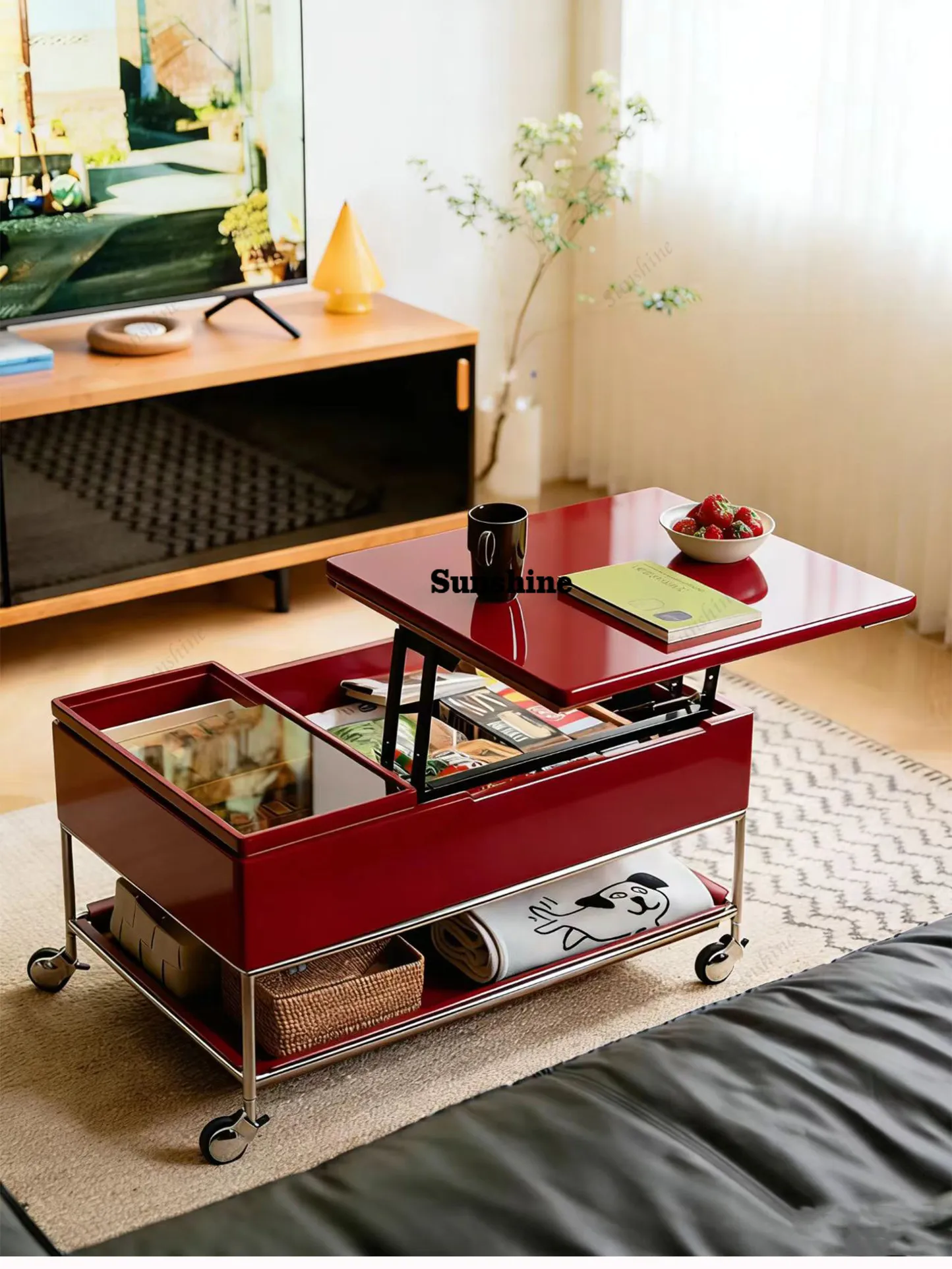 

Mobile lifting small coffee table, living room side, household storage red cart
