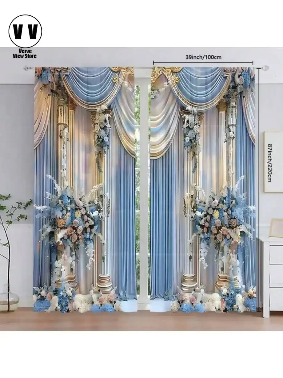 

2 pieces of Light blue flower wedding printed curtains, pole bag curtains 42*84, home decoration, room decoration