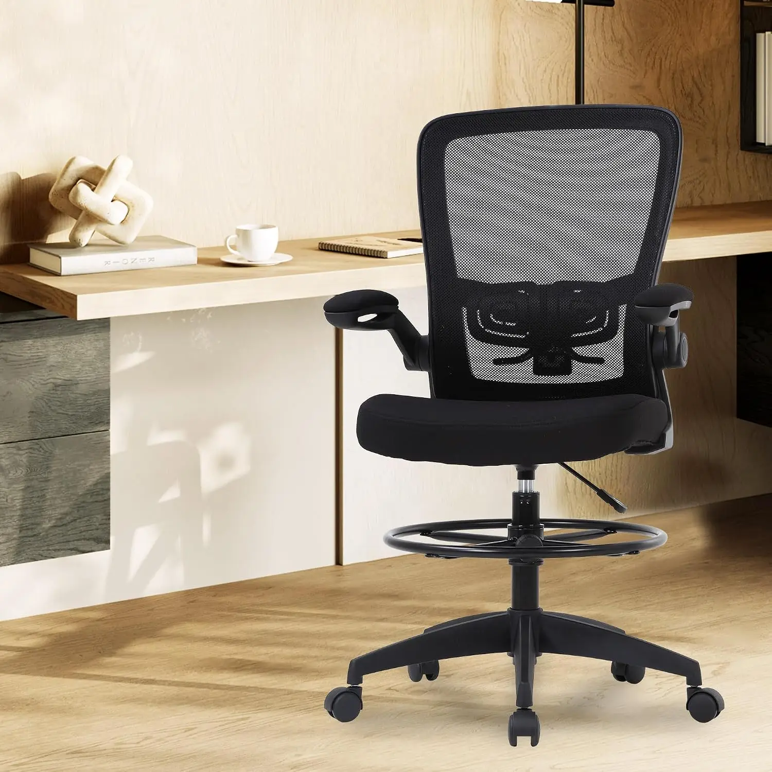 BestOffice Drafting Chair Tall Office Chair Adjustable Height with Lumbar Support Flip Up Arms Footrest Mid Back Task Mesh Desk