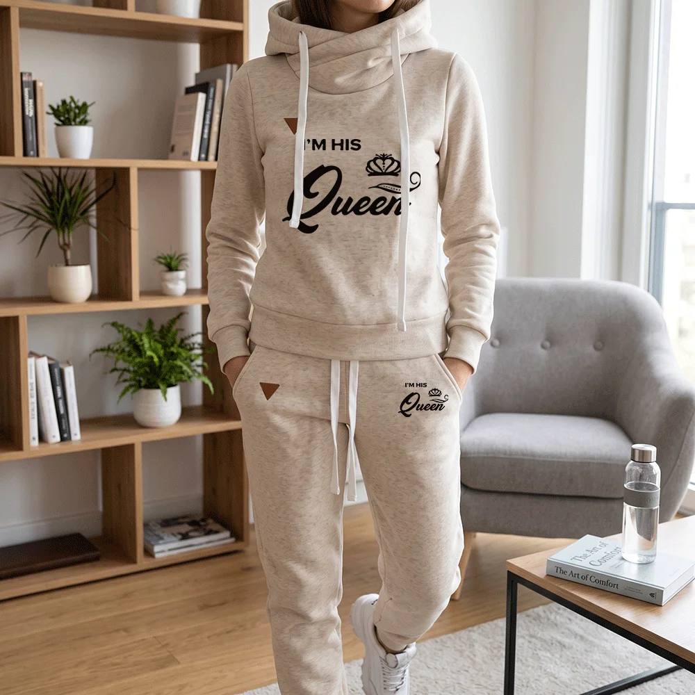 Winter Autumn Women Fleece Tracksuit 2 Piece Set Casual I'm His Queen Letter Print Hoodie Sweatshirt and Jogger Pants Suit Warm